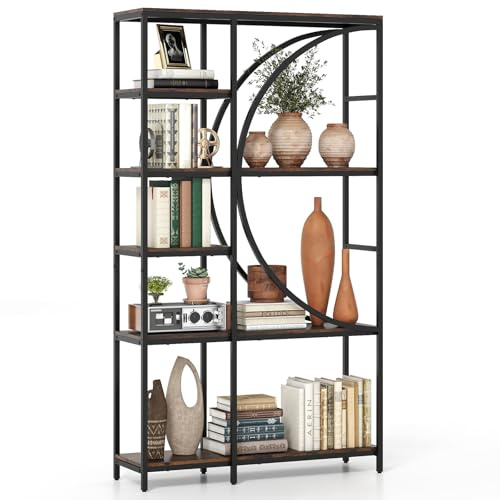 COSTWAY 5/6-Tier Bookshelf, Industrial Etagere Bookcase with Arc-Shaped Design and Open Shelves, Freestanding Metal Frame Tall Display Shelf Storage Organizer (Rustic Brown, 100 x 30 x 177 cm)