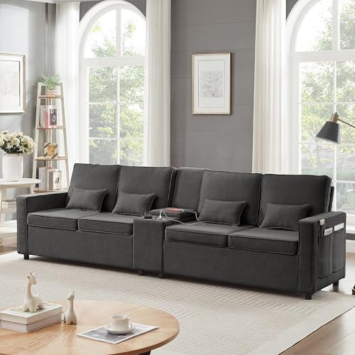 SURUEO 4 Seater Modern Linen Sofa with Storage Console, Cup Holders, Side Pockets & USB Type-C Charging Ports, Minimalist Couch for Home Office Apartment, Grey