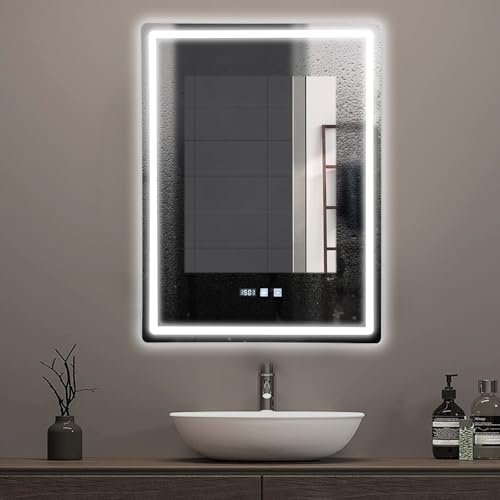 KKVUIIFF Espejo de baño LED, 3 modos de iluminación ajustables, 60 x 80 cm, espejo iluminado con función de memoria, espejo de baño inteligente, sin vaho, instalación vertical, plata