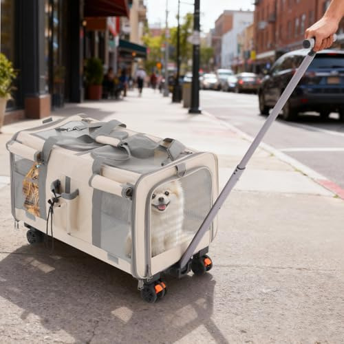 2-in-1 Faltbare Katzentransportbox Hundebox, Herausnehmbare Haustieretransportboxen mit Fächern, Atmungsaktive Netzfenster und Rollen, für Gleichzeitig Transport von Zwei Kleinen Haustieren (Beige)