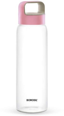 Nobel Borosil Glass Water Bottle, 750ml, Wide Mouth, Leakproof Borosilicate Glass, Microwave Safe (Pink Lid with Handle)