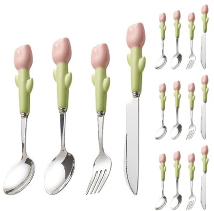 Set di Posate in Ceramica Semplice, Acciaio Inossidabile, Coltello, forchetta, Cucchiaio, Coltello da Bistecca, Posate da Cucina, Posate, cucchiaino (Rosa, 16 Pezzi)