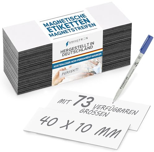 Magnetschild Magnetetiketten Magnetstreifen - Magnet Etikett inkl. Gratis Stift - für Lagerbeschriftung Kennzeichnung, Magnettafeln, Magnetband, Größe:40 x 10 mm, Menge:25 Stück