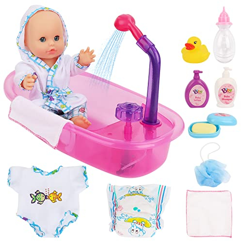 deAO Conjunto de Baño 13 Mi Primera Muñeca Bebé con Funciones de Agua Real Set Incluye Muñeca, Bañera, Accesorios y Albornoz