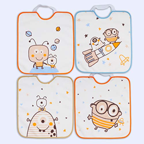Ti TIN | Lot de 4 Bavoirs Imprimé Imperméable, 33x36 cm | 90% Coton - 10% Polyester - Bavoirs pour Bébés plus de 1 an - Fermeture Élastique - Doublure Vinyle - Motif Astronaute/Espace - 320g/m²