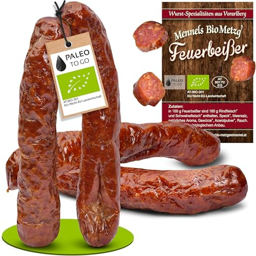 BIO Pfefferbeißer/Feuerbeißer – Rohwurst aus Rind & Schwein, nicht scharf – Snackwurst, zuckerfrei & glutenfrei – Handgemachte Bio Bauernwürste (1 x 2 Paar, 140, gramm)
