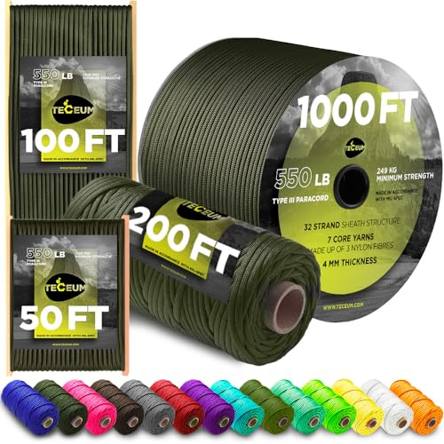 TECEUM Paracord Seil 550 Typ 3 Camping & Survival Kordel Nylon Schnur 4mm | 249 kg Tragkraft, 7 Nylon-Stränge, taktische Ausrüstung, Camping, Abspannseil, Zelt, Wäscheleine, Armband, Basteln