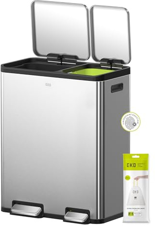 EKO Ecocasa Recycling Kitchen Bin 30+20 Litre, Pedal Rubbish Bin with Two Removable Inner Buckets, Soft Closure, Perfect for Kitchen & Home, Stainless Steel