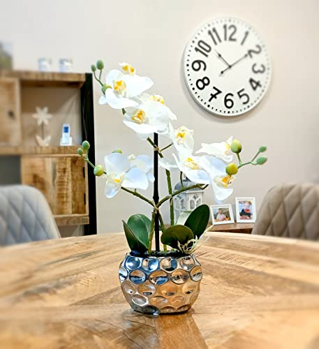 DARO DEKO Kunst-Pflanze Orchidee (ovaler Topf Silber Hochglanz und weiße Blüten 33cm)