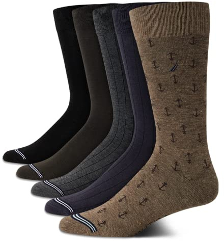 Nautica Mens Dress Socks - 5 Pack Breathable Comfort Stretch Crew-Length Work Socks for Men for Business Formal Wear (6-12.5), Size 6-12.5, Khaki/Navy/Black
