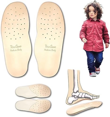 Solette Ortopediche Vera Pelle per Bambini con Supporto Arco Plantare e Rialzo Tallone in Lattice – PRODOTTO ITALIANO – Sottopiede in Cuoio Antiodore Antisudore, Piedi Piatti Fascite Plantare (34 EU)
