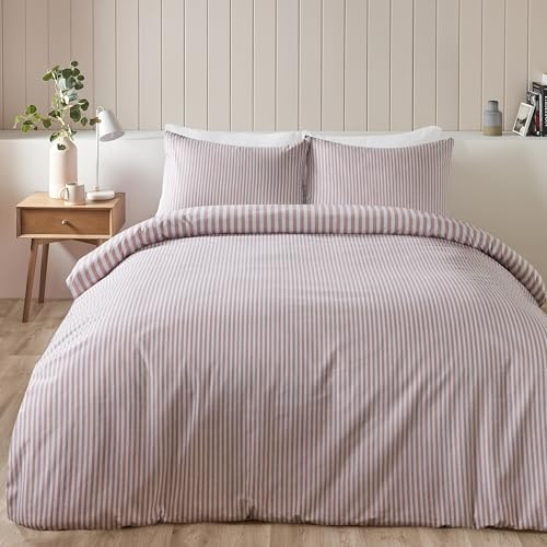 Catherine Lansfield Brushed Stripe Cotton Reversible Double Duvet Cover Set with Pillowcases Blush Pink