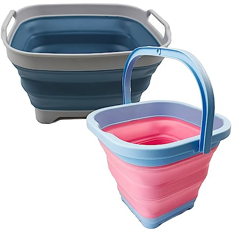 SAMMART Zusammenklappbares Abtropfgestell mit Eimer - Platzsparend für Camping und Picknick, Innen- und Außenbereich - Faltbare Aufbewahrung (Stahlblau/Maglia Rosa, 2er-Set)