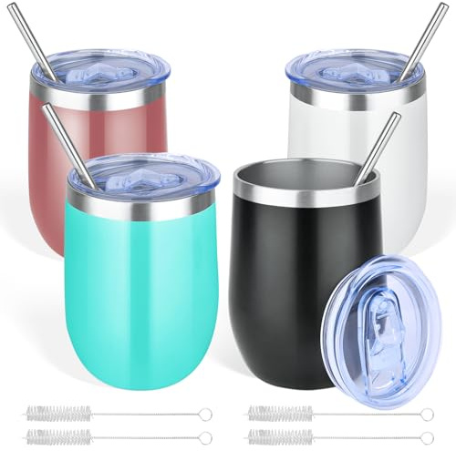 Weinbecher Edelstahl mit Deckel und Strohhalmpinsel: 4 Stück 12OZ Doppelwandige Vakuumisolierte Weingläser, Hält 5h Heiß/ 10h Kalt Trinkbecher, Kaffeebecher Travel Mug 12OZ U-Cup Double-Layer