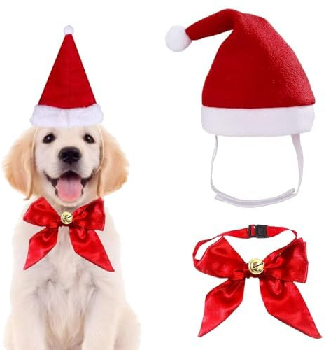 Weihnachtsmütze für Haustiere, Hunde Katzen Kostüm Zubehör Set, Stirnband mit Krawatten und Glocken, Weihnachts Outfit Geschenk für Welpen Kleine Katzen Hunde