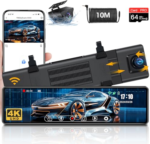 4K WiFi Dashcam Rétroviseur, Camera de Recul Retroviseur avec 12 Dashcam Voiture Retroviseur avec DashCam Voiture Avant Arriere avec Carte SD 64GB Câble Vision Nocturne WDR Type-C Capteur G