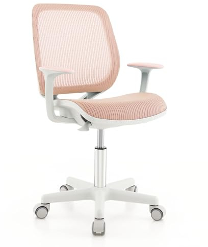 COSTWAY Justerbar Roterbar Barnskrivbordsstol 43–55 cm – Ergonomisk Snurrstol med Ryggstöd, Armstöd och Hjul, Passar Barn 6–15 år, Rosa