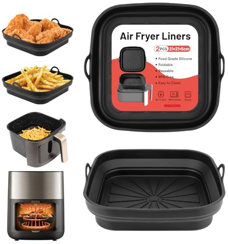 Alyvisun Teglie Accessori per Friggitrice ad Aria, 2 Pezzi Teglia in Silicone per Air Fryer Contenitori Cestello Riutilizzabile Quadrato Tappetino Stampi Per Airfryer, Microonde, Forno (Nero)