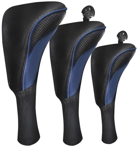 FINGER TEN Golf Club Head Covers for Woods Long Cover Driver Hybrid Fairway, Headcovers with Interchangeable No. Tag Novelty Durable Fit Woods Clubs (Navy-3 pack (1 Driver& 1 Fairway&1 Hybrid))