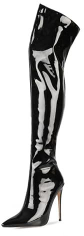 BAIRUNDA Botas sobre La Rodilla para Mujer, Botas Altas De Charol De Gran Tamaño, Tacones De Aguja, Botas Largas con Cremallera Trasera Y Punta En Punta, 12 Cm / 4,72 Pulgadas, 37 EU,Black