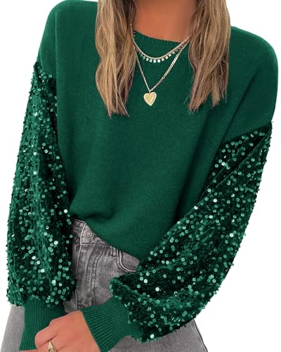miduo Womens 2026 Winter Casual Sweaters Sequin Sparkle Crewneck Long Sleeve Pullovers Sweaterss Outfit Green XL