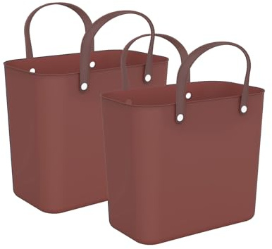 Rotho Albula Einkaufskorb 2 x 25 L Einkaufstasche aus recyceltem PP Rot | Taschen und Körbe für Einkauf, Aufbewahrungskorb, Picknickkorb, 2er-Set mit braunen Henkeln, aus recyceltem Kunststoff