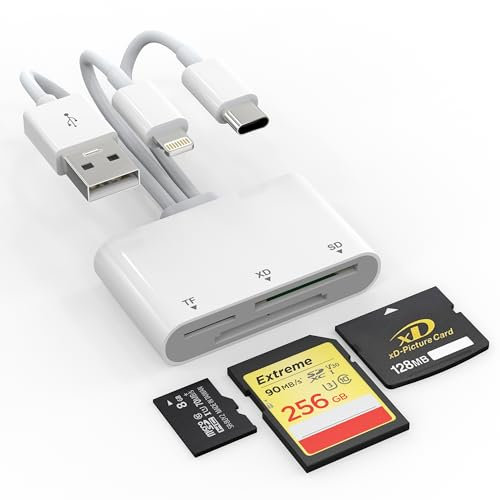 Lector de Tarjetas SD para iPhone, Lightning & USB C & USB Lector de Tarjetas SD para Micro SD/SD/XD, Adaptador de Tarjetas SD para iPhone, Lector de Tarjetas XD para Olympus/Fujifilm Plug and Play