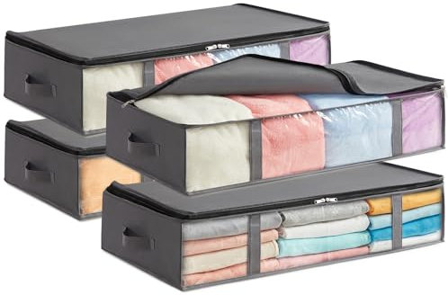 Lifewit 4 Pezzi 90L Contenitori Sottoletto, Scatole Vestiti con Finestra Frontale Trasparente, Scatole per Armadio, Organizer Armadio per Asciugamani, Coperte, Grigio
