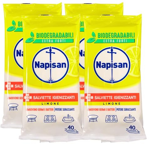 Salviette LIMONE Igienizzanti Multiuso, Biodegradabili, Extra Forti. Rimuovono Germi e Batteri, Grande Potere Sgrassante. Confezione Da 40 Salviette (4 Confezioni)