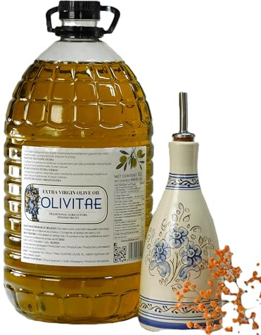 OLIVITAE. Aceite de Oliva Virgen Extra 5L de Toledo, España y Aceitera de Artesanía Cerámica. Rico en Polifenoles, prensado en frío.