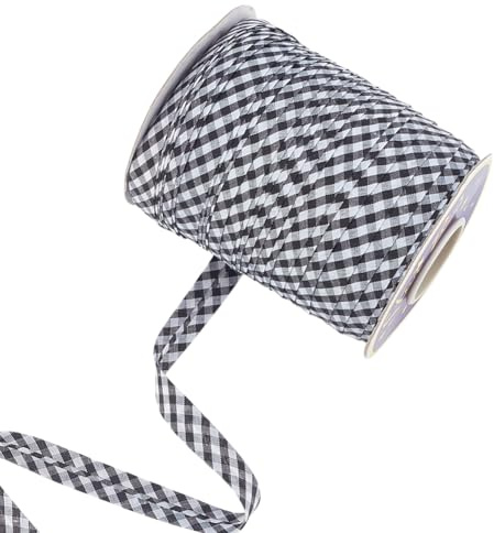 PH PandaHall 91m Doppelt gefaltetes Schrägband Gingham Bindeband 6mm breites schwarzes Bias-Band Genähtes Bias-Band Kariertes Paspelband für DIY Handwerk Nähen Säumen Säumen Quilten Paspelieren
