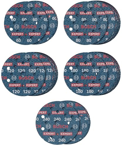 Bosch 55x Assortiment de disques abrasifs EXPERT O780, 125 mm, 55 pièces | pour Bois dur, Peinture sur bois, Grain 5x 60, 15x 80, 15x 120, 15x 180, 5x 240, Accessoire Ponceuse excentrique