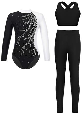 Alvivi Mädchen Turnanzug Glitzer Gymnastikanzug mit Hose Sport BH Tops Langarm Gymnastikbody Turntrikot Gymnastik Kleidung Tanzkostüm
