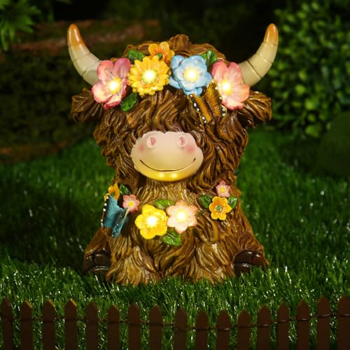 Colingmill Highland Cow Gnomes Resin, Garden Highland Cow Statue Solar Outdoor Decor with Flower Decoration for Patio, Yard, Gift for Mom, Cow Lovers(Bright)