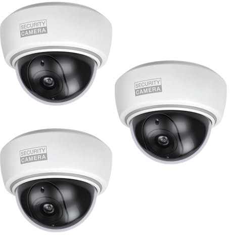 BASI | Set de 3 cámaras domo falsas con luz LED intermitente | Cámara falsa | Lente de cámara de vigilancia para interiores y exteriores protegidos | Montaje en pared y techo | Blanco | CCTV