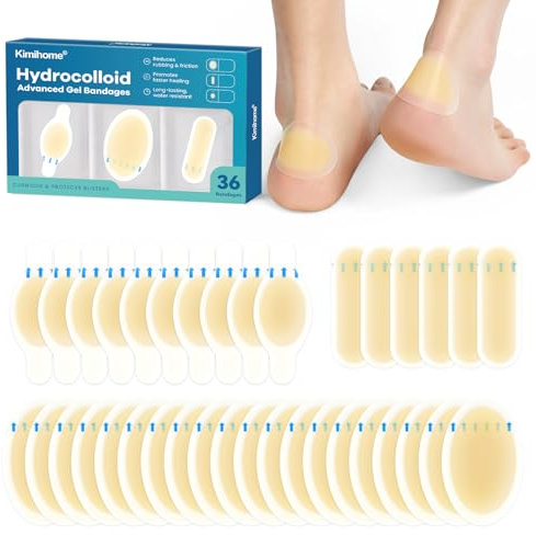 Gel Blister Bandages Hydrocolloid Bandages, Kimihome 36ct Blister Bandages for Heel, Blister Pads for Prevention & Recovery Water Resistant - Variety Pack