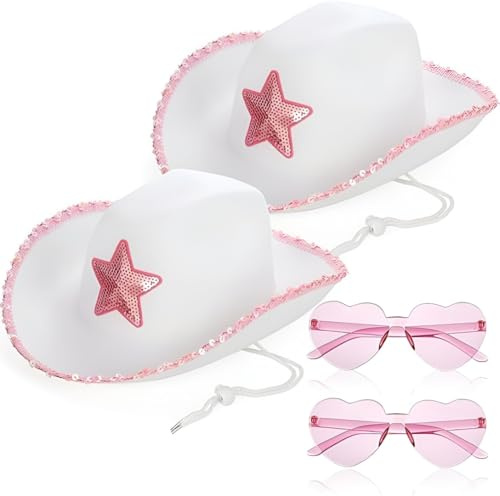 YEOVIBL Weiße Cowgirl-Hüte mit herzförmiger Sonnenbrille, rosa Paillettenstern, Cowboyhut, verstellbarer Hals-Kordelzug für Frauen, perfekt für Halloween, Verkleidungspartys und Western-Themen-Events,
