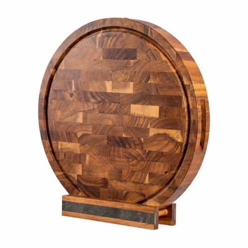 VDN Schneidebrett Holz - Holzbrett Küche [aus Akazienholz, mit Saftrille und Griffen] - Holzschneidebrett Set mit Halterung [Ø 38 cm] - Ideal als Brotschneidebrett, Vesperbrett oder Servierbrett