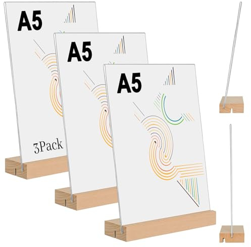 Tischaufsteller A5, Acryl Aufsteller mit Holzfuß (A, 3 Stück, 14,8 x 21cm) | Doppelseitiger Displayständer, für Preisschilder & Menükarten, für Restaurants, Cafés, Büros