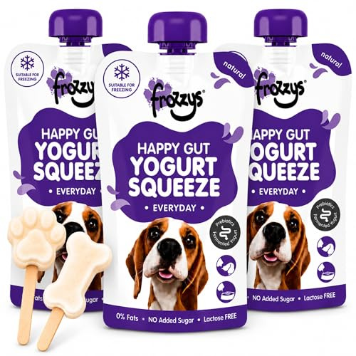 Frozzys Yogurt Squeeze - Fermented Yoghurt with Prebiotics for Dogs - Lactose Free, 0% Fat, No Added Sugar. Lickable, Squeezable, Freezable Dog Treat. Natural Everyday - 3x 115g Pouches