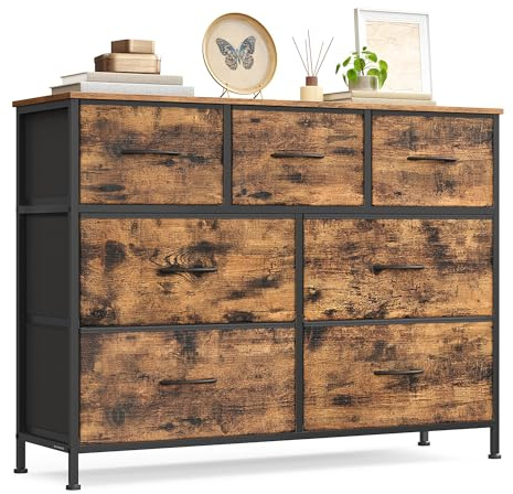 SONGMICS Kommode, Schrank, 7 Stoffschubladen, Aufbewahrungsschrank, Stahl, MDF, Vliesstoff, für Schlafzimmer, Flur, Wohnzimmer, vintagebraun-tintenschwarz LGS323BH04