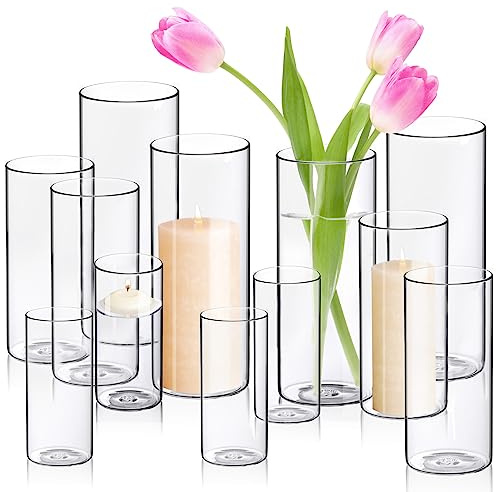 Blumenvase Glas 12er Set, 25cm 20cm 15cm Säule Votivkerze schwimmende Kerzenhalter, Klarglasvase für Hochzeit Party Home Dekorationen