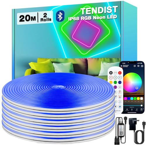 TENDIST 20M RVB Flexible Neon LED, IP68 Ruban LED Exterieur Etanche Bluetooth avec Smart App et Télécommande, 24V Néon Bande Musique Sync pour Terrasse, Balcon, Toit, Panneaux Muraux (10M*2)
