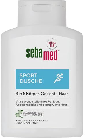 Sebamed Sport Dusche 3 in 1, 200 ml, für Körper, Gesicht und Haar, für Männer und Frauen, Haut- und Haarpflege für sportstrapazierte Haut und Kopfhaut, Shampoo und Duschgel
