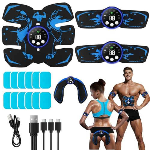 EMS Muscle Stimulator, ABS Trainer, Abdominal Muscle Toner Electronic Workout Home Fitness Device with 8 Modes,29 Intensities,4 Machines,4 Patches,12 Gel (Blue)