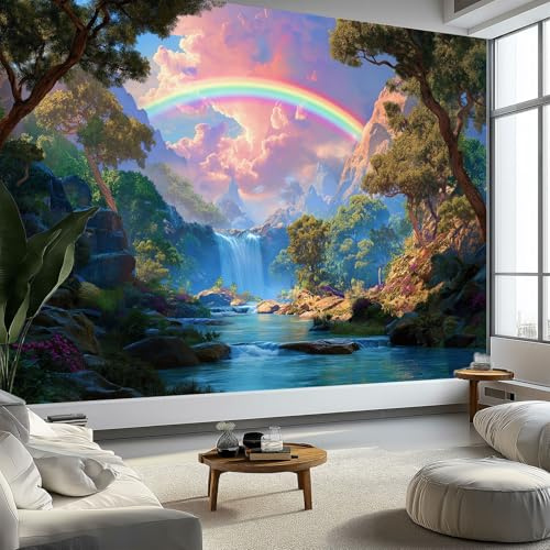 Fotomurale Murales Paisaje De Fantasía Arcoíris Cascada Bosque 250 x 175 cm Papel Pintado no Tejido, Verde Papel Tapiz Fotográfico - Salon Dormitorio Oficina Mural de Decoración de Pared