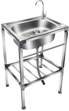 Edelstahl Spülenschrank, freistehendes Spülbecken mit Heißer & kalter Wasserhahn für Bar, Garage, Restaurant, Innen(60x45x77cm(23.6x17.7x30.3in))