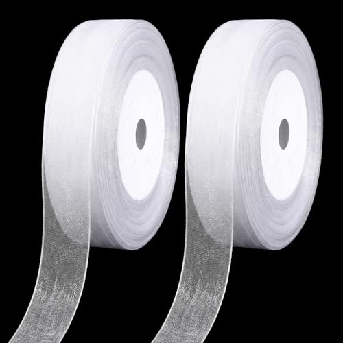 IANFAN 2 Roll Organzaband Weiß 1.5cm (45m), Geschenkband Breit Chiffon Schleifenband, Transparentes Dekoband für Hochzeit, Taufe, Weihnachten & Geburtstagsgeschenke
