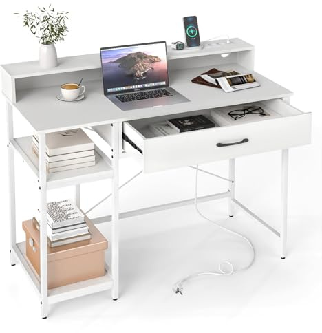 COSTWAY Schreibtsich mit Steckdosen, Kleiner Computertsich mit Aufsatz, Schublade & abnehmbarem Regal, Bürotisch aus Holz mit Metallrahmen, PC-Tisch für Schlafzimmer, Büro, 106 x 48 x 90 cm (Weiß)