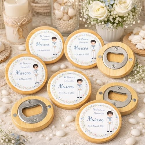 Abridor de Madera con Imán Personalizado, Bambú con Vinilo Adhesivo, 6 cm x 1.1 cm, Lote 10 a 50 Unidades, Detalles para Bodas Comuniones Bautizos (10)